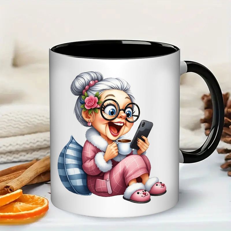 Tailorly Black Accent 11 oz Mug - funny grandma cartoon granny with smartphone