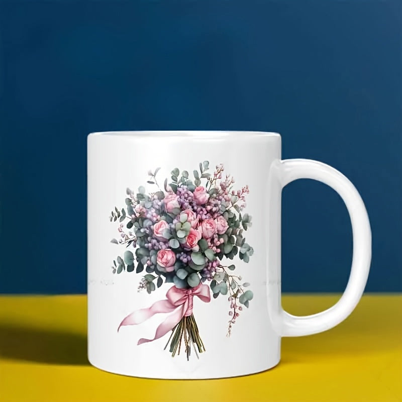 Tailorly White Ceramic 11 oz Mug - Elegant Pink Roses And Eucalyptus Leaves Bound With Silk Ribbon Bouquet