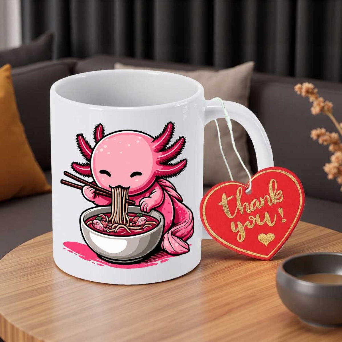 Tailorly White Ceramic 11 oz Mug - Thank You Charming Pink Kawaii Creature Enjoying Hot Steaming Ramen Noodles Bowl Axolotl