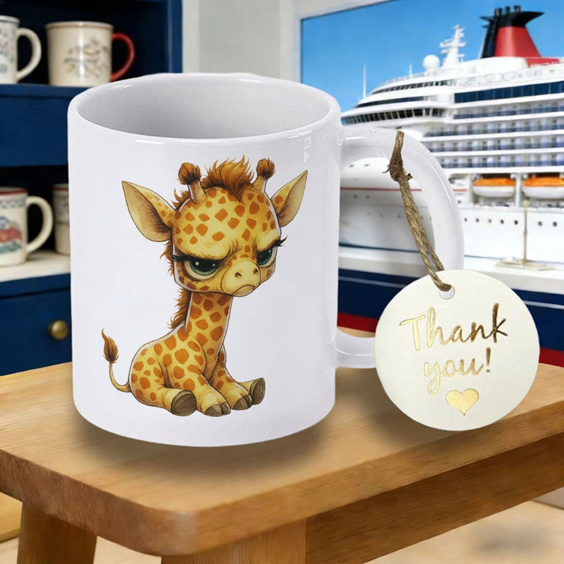 Tailorly White Ceramic 11 oz Mug - Adorable Sitting Cartoon Baby Giraffe With Large Expressive Brown Eyes Giraffe