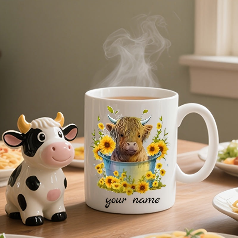 Tailorly White Ceramic 11 oz Mug - Your Name Adorable Highland Cow Resting Inside A Vintage Bucket Surrounded By Sunflowers Cow
