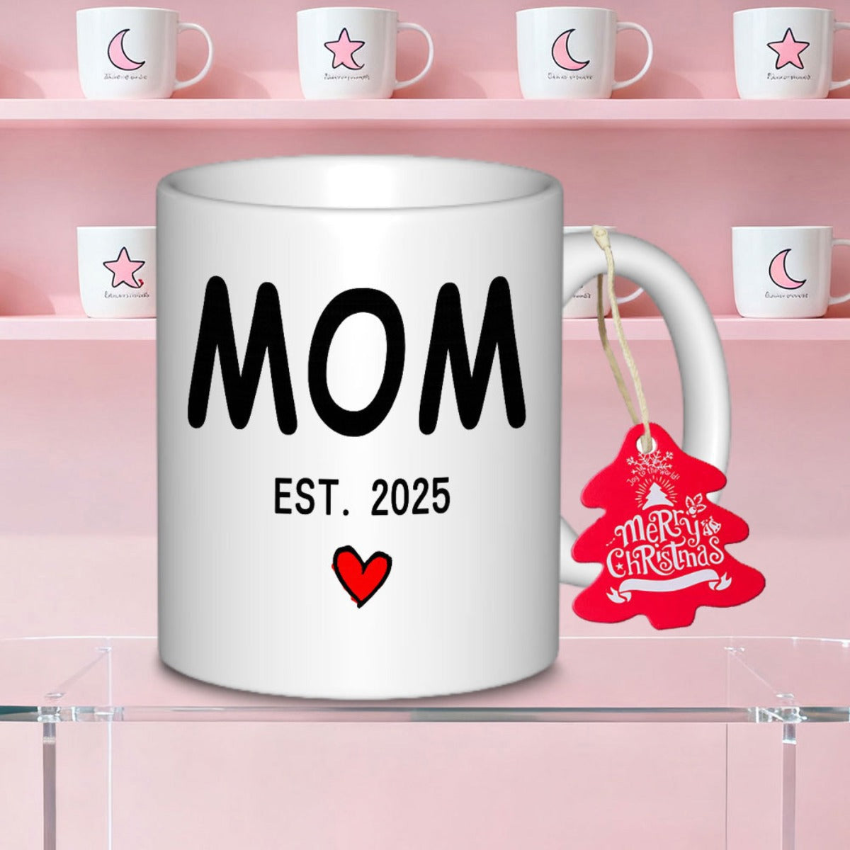 Tailorly White Ceramic 11 oz Mug - Mom Est 2025 Minimalist White Ceramic Finish With Small Hand Drawn Red Heart Mug