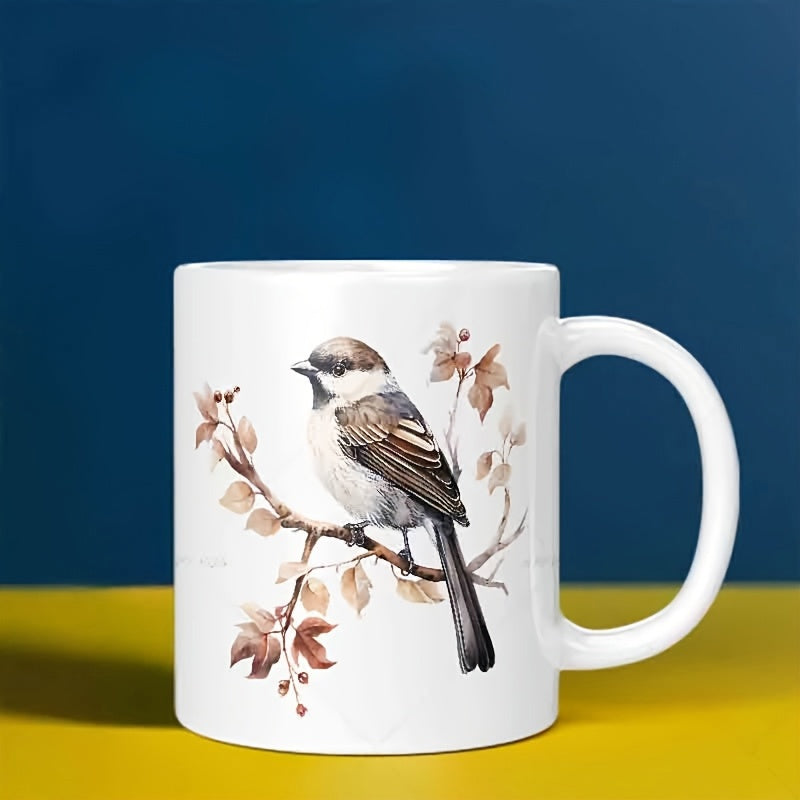 Tailorly White Ceramic 11 oz Mug - Elegant Small Songbird Resting Peacefully On A Branch With Fall Leaves Bird