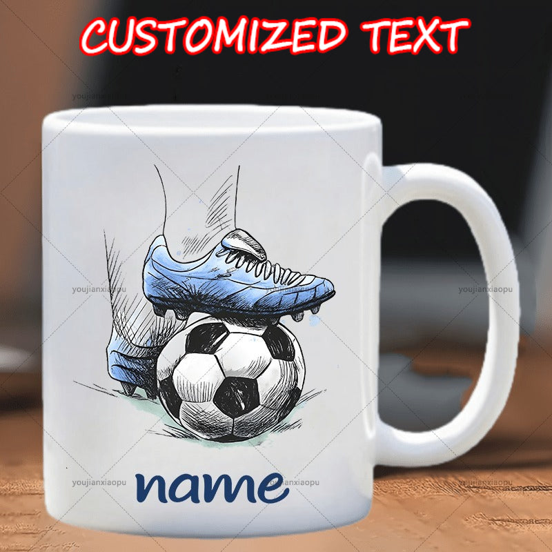 Tailorly White Ceramic 11 oz Mug - Name Hand Drawn Blue Soccer Cleat Resting On Classic Patterned Soccer Ball