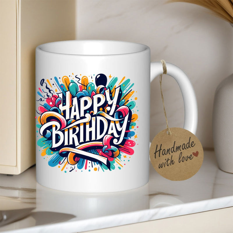 Tailorly White Ceramic 11 oz Mug - Happy Birthday Colorful Balloons And Confetti Bursts Surrounding Artistic Bold Lettering With Vibrant Splashes Greeting