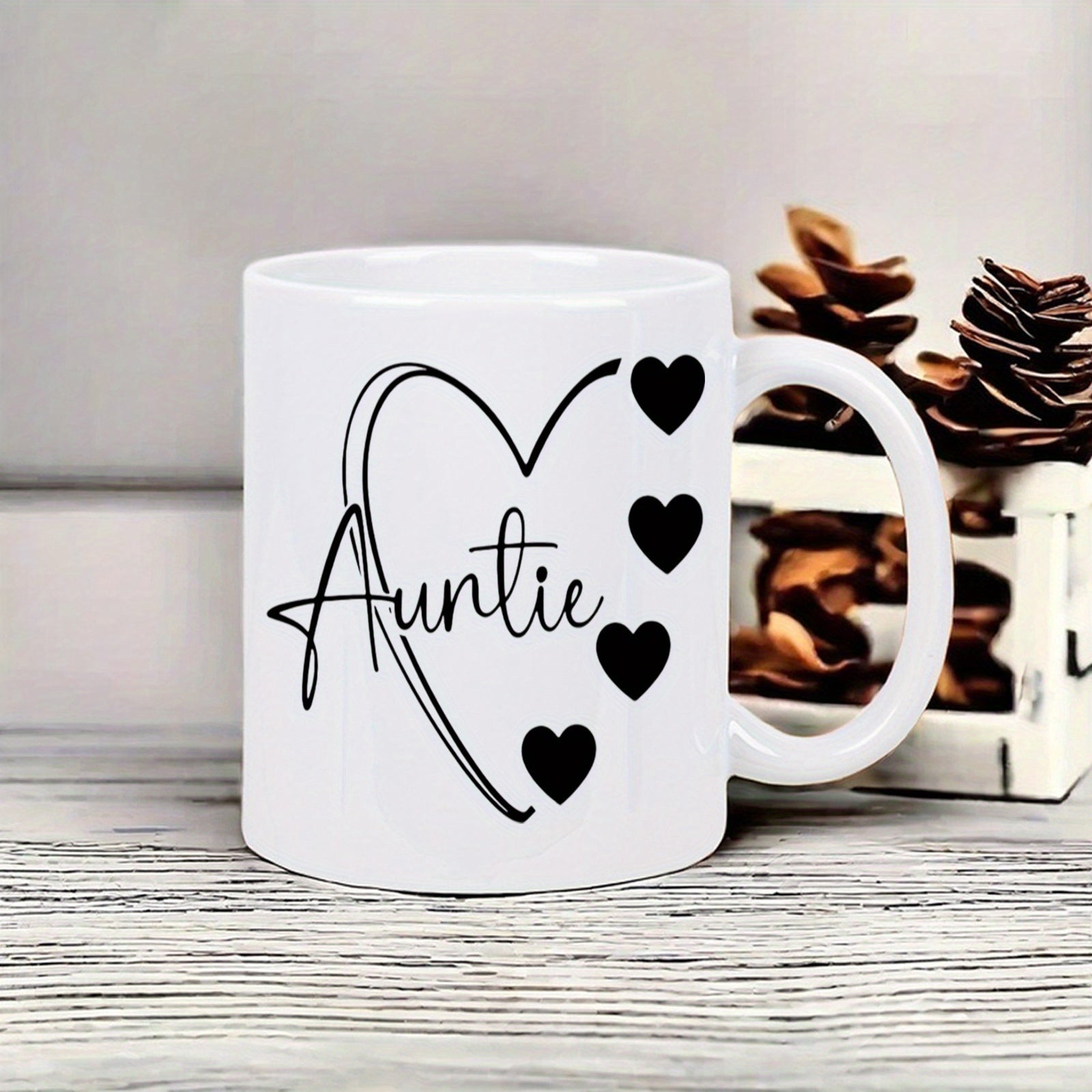 Tailorly White Ceramic 11 oz Mug - Auntie Elegant Script With Minimalist Line Drawing Hearts Arrangement Heart