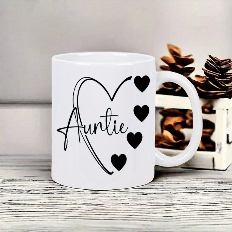 Tailorly White Ceramic 11 oz Mug - Auntie Elegant Script With Minimalist Line Drawing Hearts Arrangement Heart