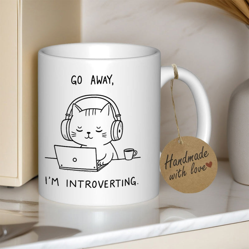 Tailorly White Ceramic 11 oz Mug - Go Away Im Introverting Minimalist Line Art Cute Cat Using Laptop With Headphones Cat