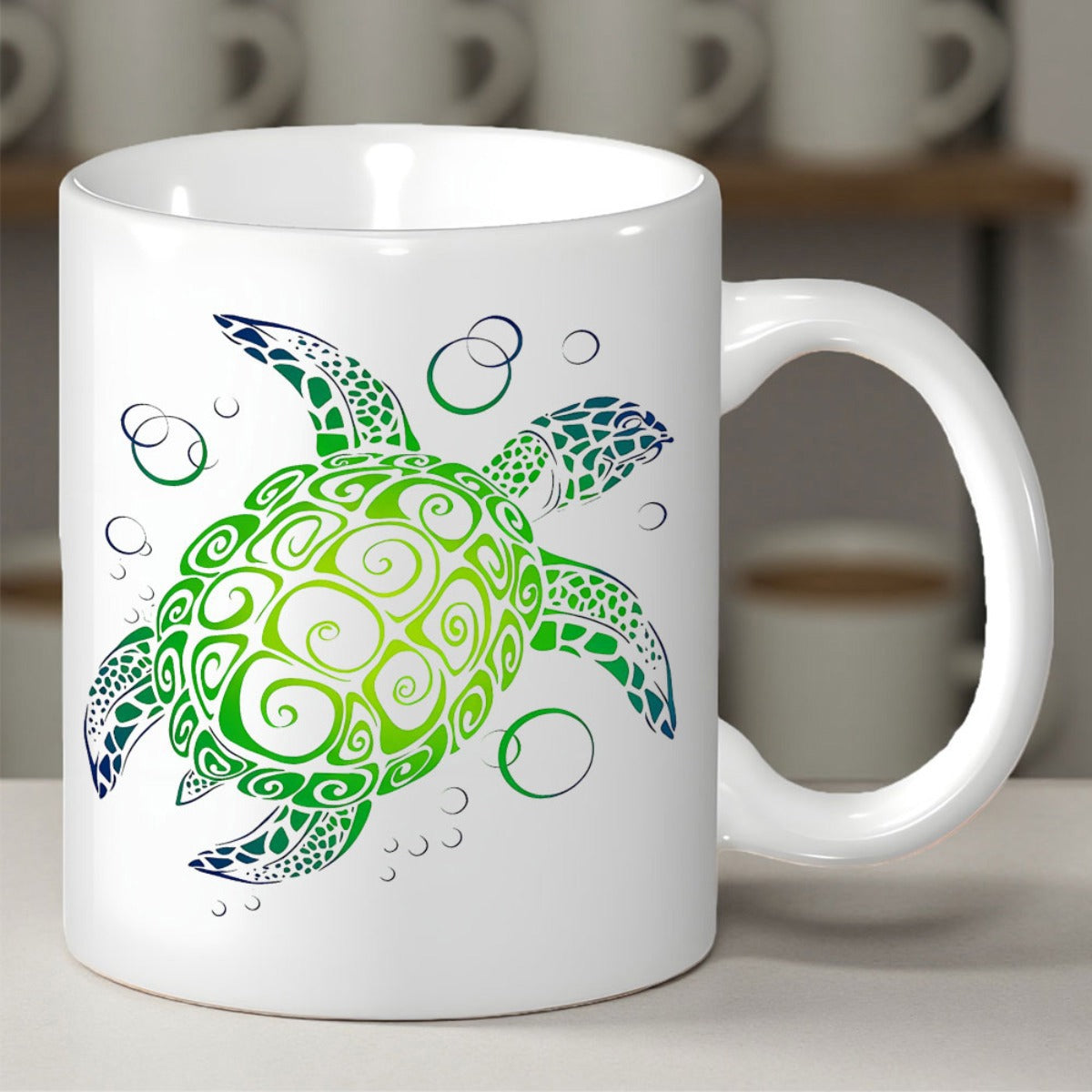 Tailorly White Ceramic 11 oz Mug - Intricate Green Swirls And Blue Patterns Swimming Among Floating Bubbles Turtle