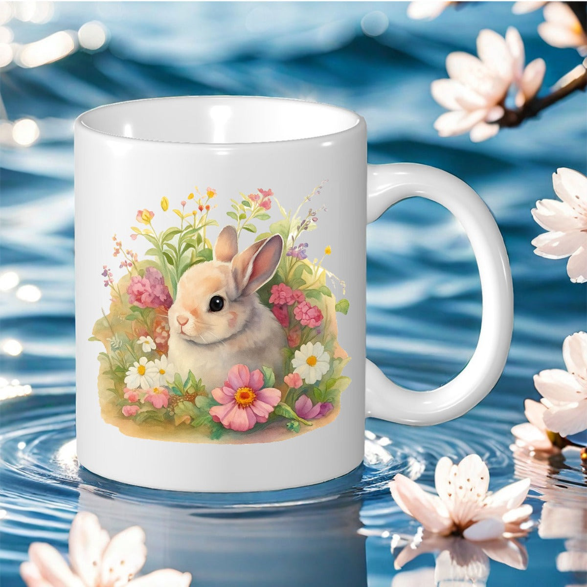 Tailorly White Ceramic 11 oz Mug - Adorable Bunny Sitting Peacefully Among Colorful Spring Blossoms And Soft Greenery Rabbit