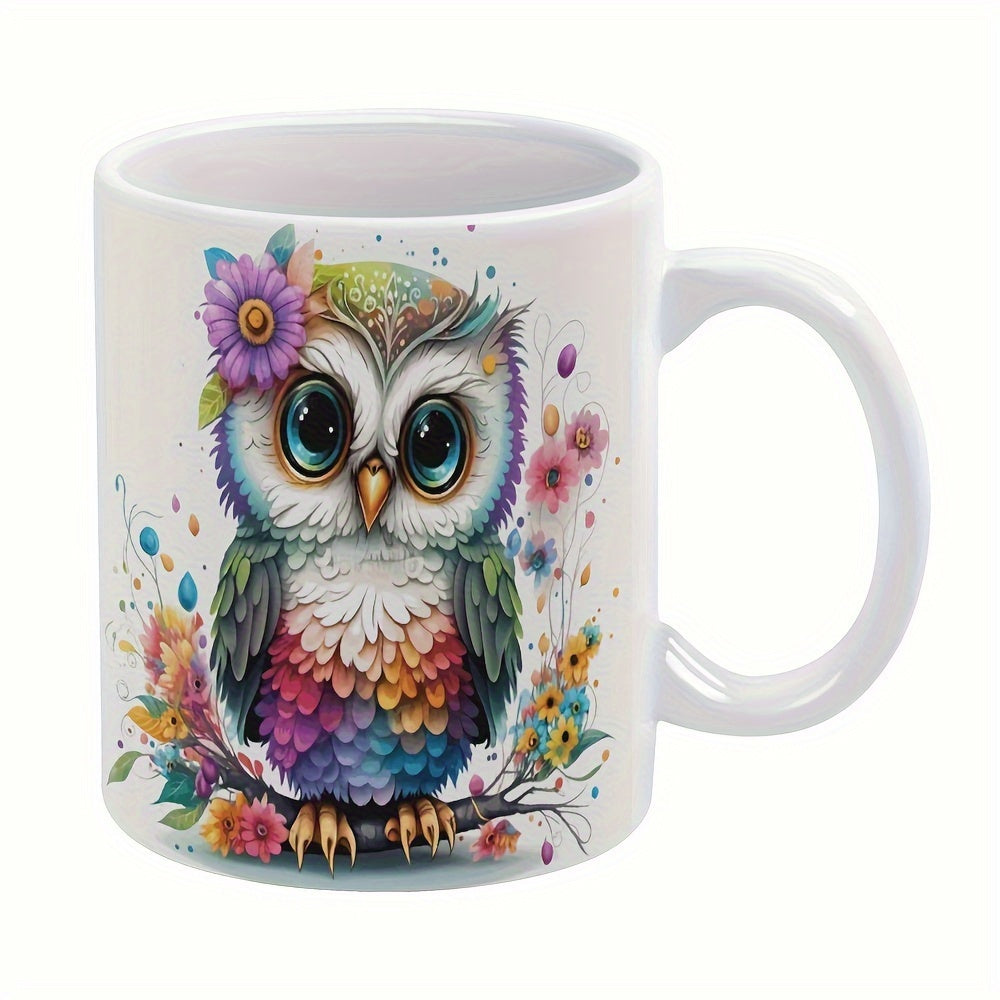 Tailorly White Ceramic 11 oz Mug - Colorful Rainbow Feathers With Blooming Flowers Perched On A Branch Owl