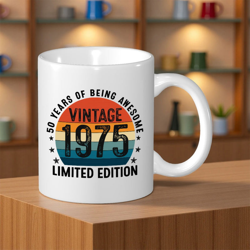Tailorly White Ceramic 11 oz Mug - 50 Years Of Being Awesome Vintage 1975 Limited Edition Retro Stripes Inside Sunset Circle With Decorative Stars Among Bold