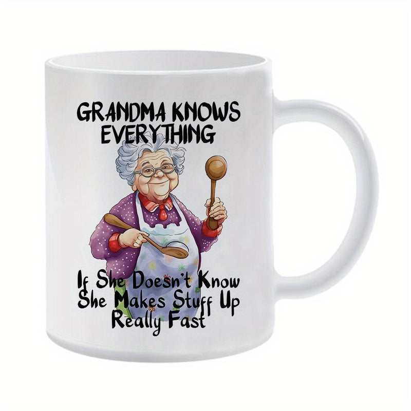 Tailorly White Ceramic 11 oz Mug - Grandma Knows Everything If She Doesn't Know She Makes Stuff Up Really Fast Smiling Elderly Lady Holding Wooden Kitchen Spoons