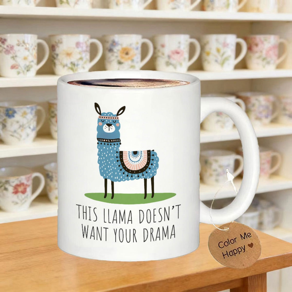 Tailorly White Ceramic 11 oz Mug - This Llama Doesnt Want Your Drama Cute Blue Cartoon Animal Standing On Green Grass In Festive Pattern Llama