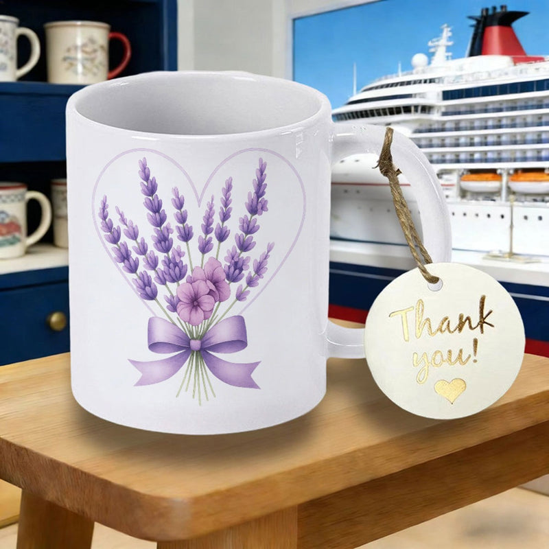 Tailorly White Ceramic 11 oz Mug - Thank You Beautiful Purple Lavender Bouquet Wrapped In Elegant Silk Bow Lavender