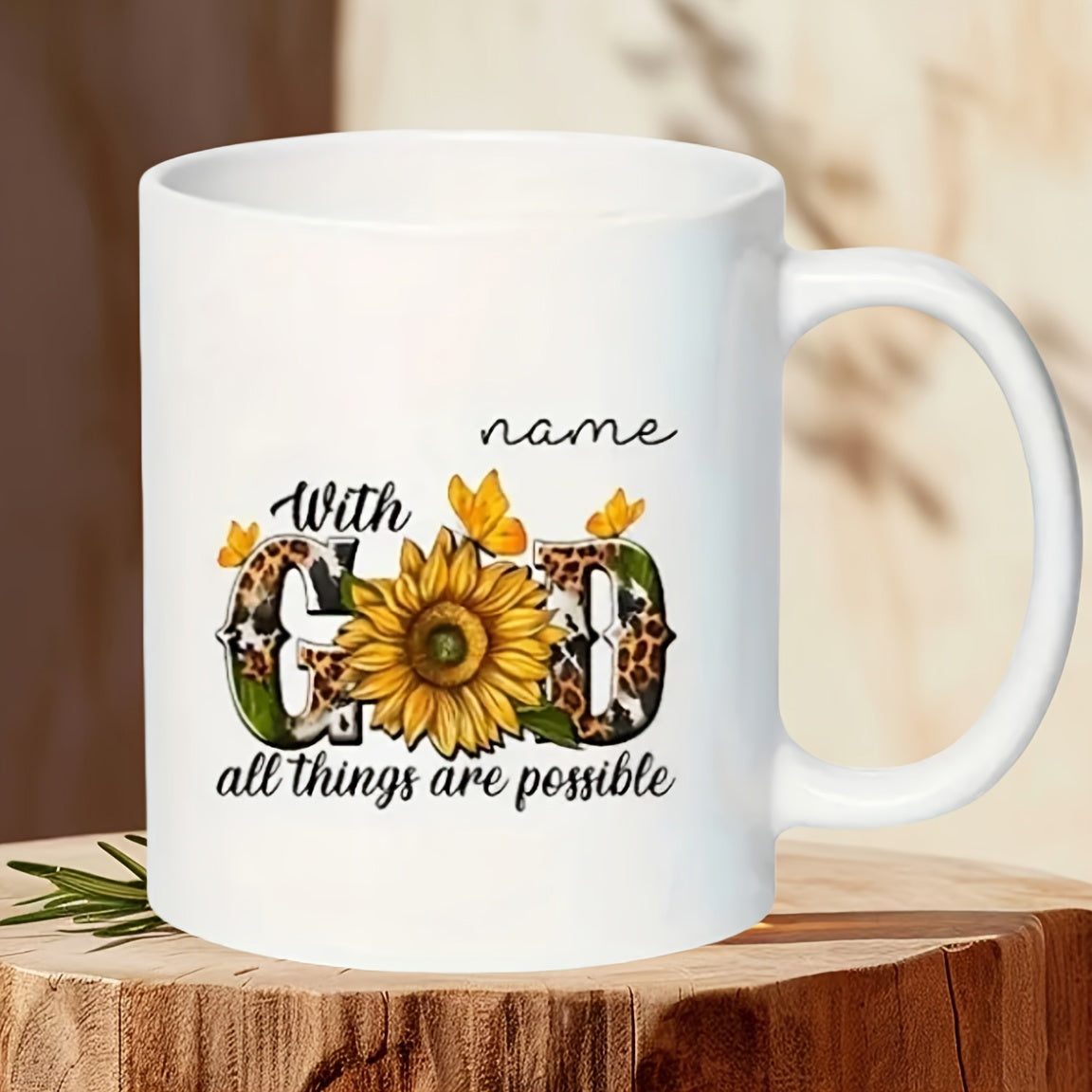 Tailorly White Ceramic 11 oz Mug - With God All Things Are Possible Vibrant Blooming Petals With Fluttering Butterflies And Animal Print Letters Sunflower