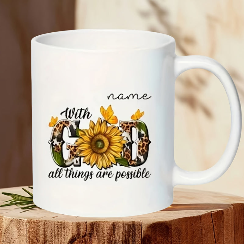 Tailorly White Ceramic 11 oz Mug - With God All Things Are Possible Vibrant Blooming Petals With Fluttering Butterflies And Animal Print Letters Sunflower