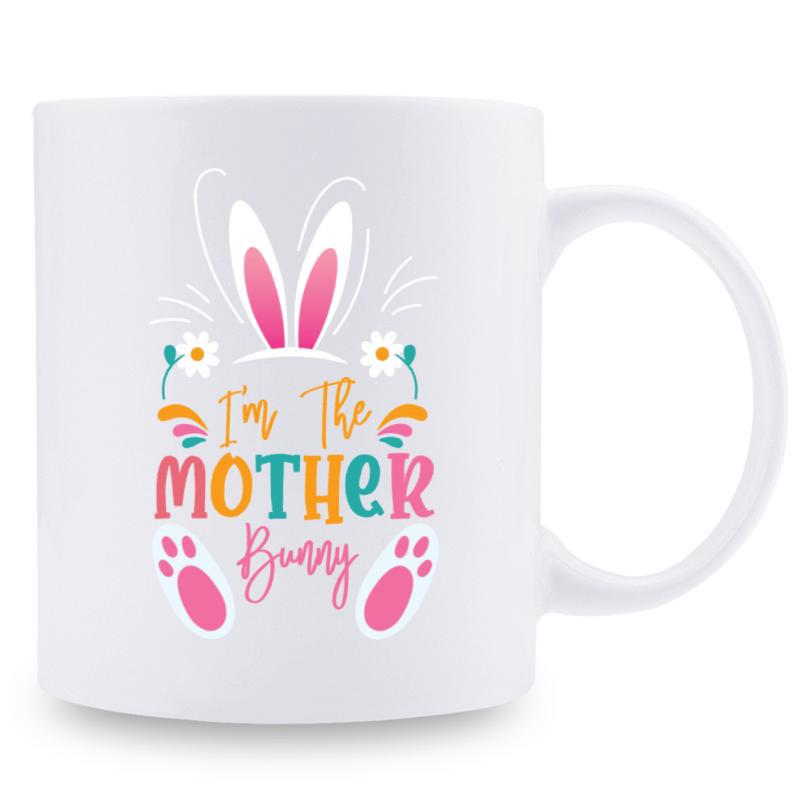 Tailorly White Ceramic 11 oz Mug - Im The Mother Bunny Cute Easter Ears With Colorful Letters And Small White Daisies Bunny