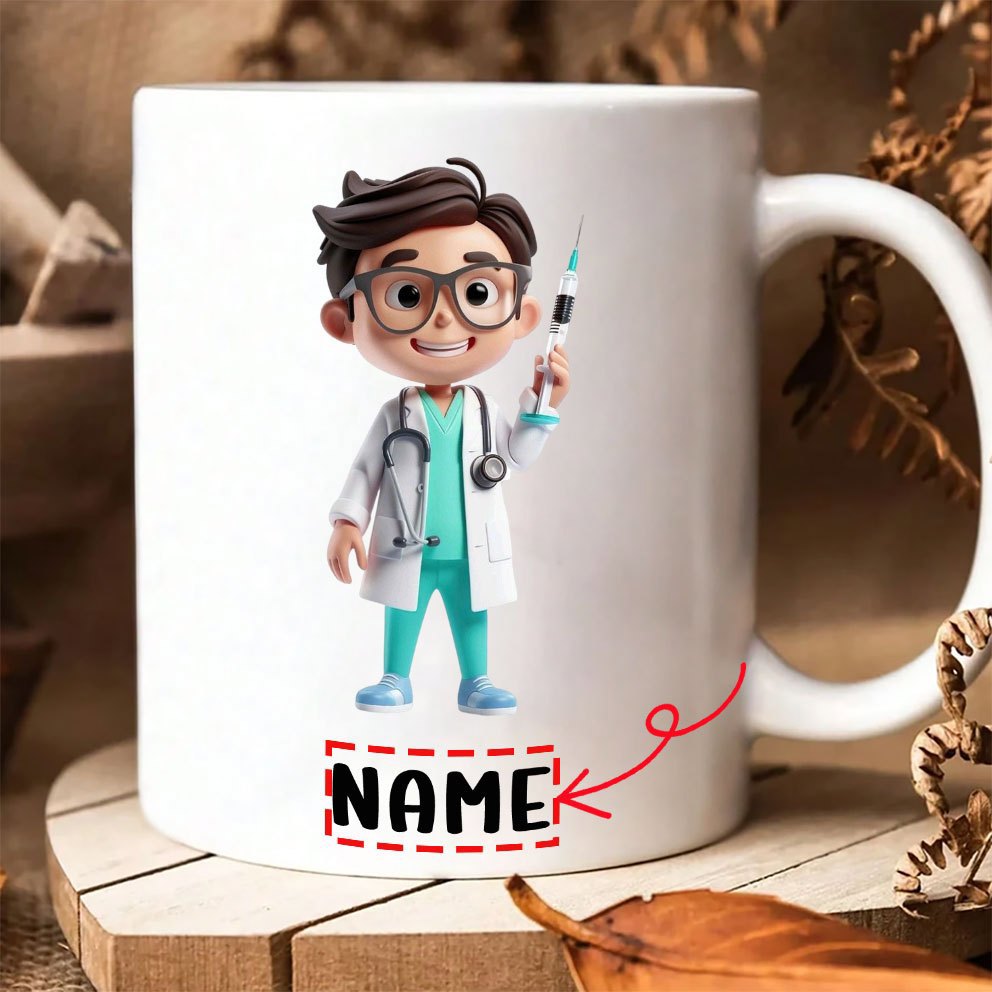 Tailorly White Ceramic 11 oz Mug - Name Young Cartoon Medical Professional Wearing Glasses And Holding A Syringe Doctor