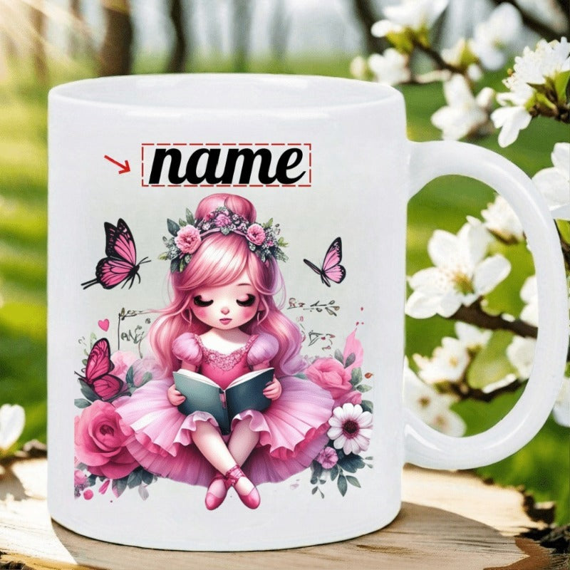 Tailorly White Ceramic 11 oz Mug - Name Enchanting Little Princess In Pink Dress Reading Book Surrounded By Flowers Girl