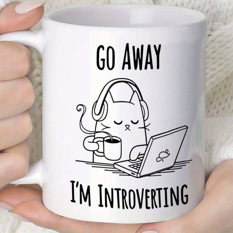 Tailorly White Ceramic 11 oz Mug - Go Away Im Introverting Simple Black Line Drawing Using Laptop At Desk Cat