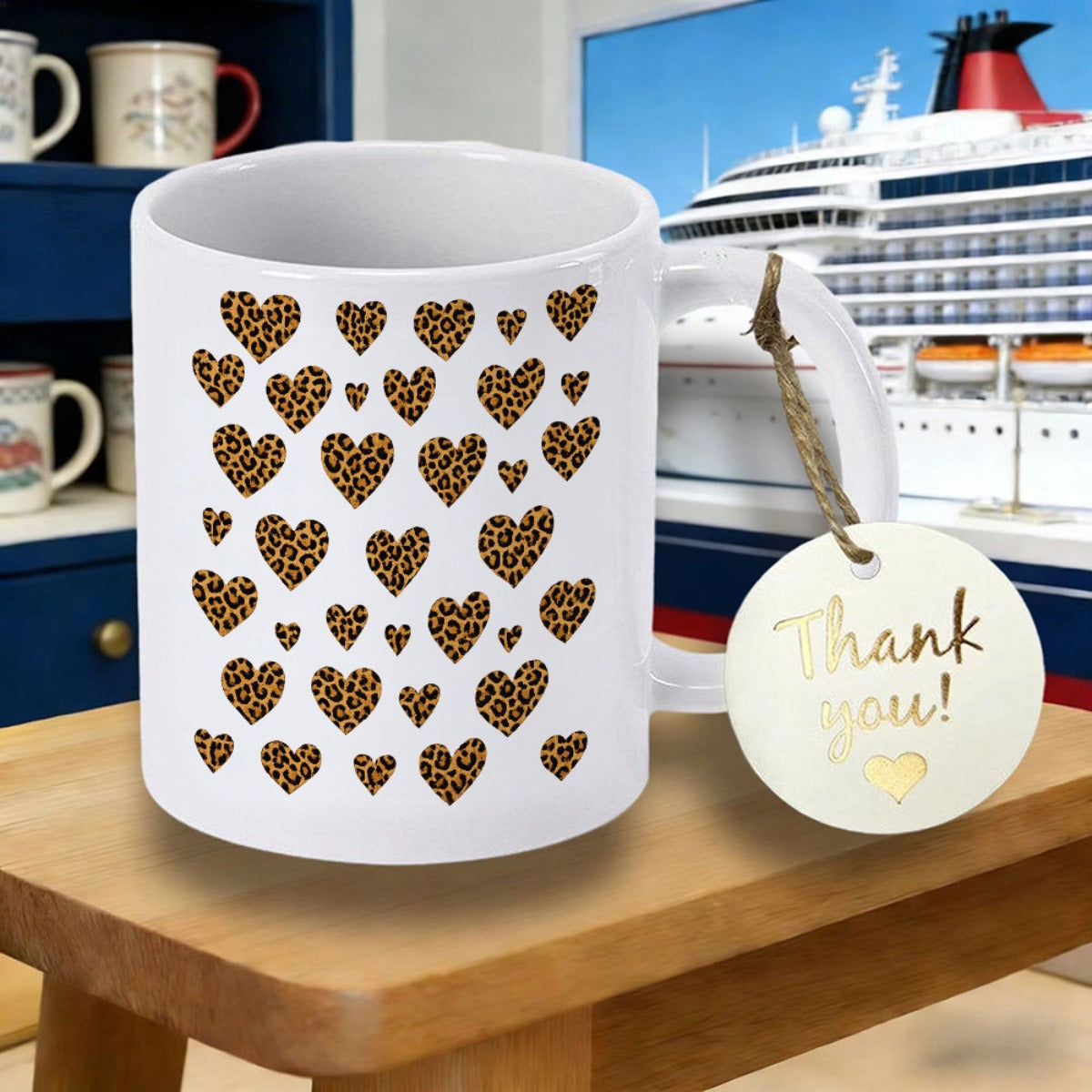 Tailorly White Ceramic 11 oz Mug - Thank You Many Different Sized Leopard Pattern Hearts Floating Over Clean White Ceramic Heart