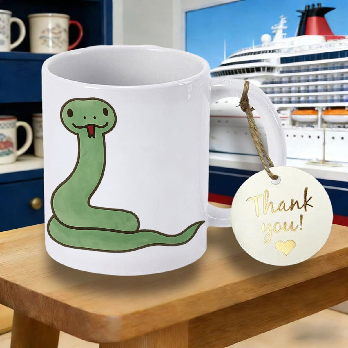 Tailorly White Ceramic 11 oz Mug - Thank You Minimalist Hand Drawn Smiling Green Cartoon Snake On White Background Snake