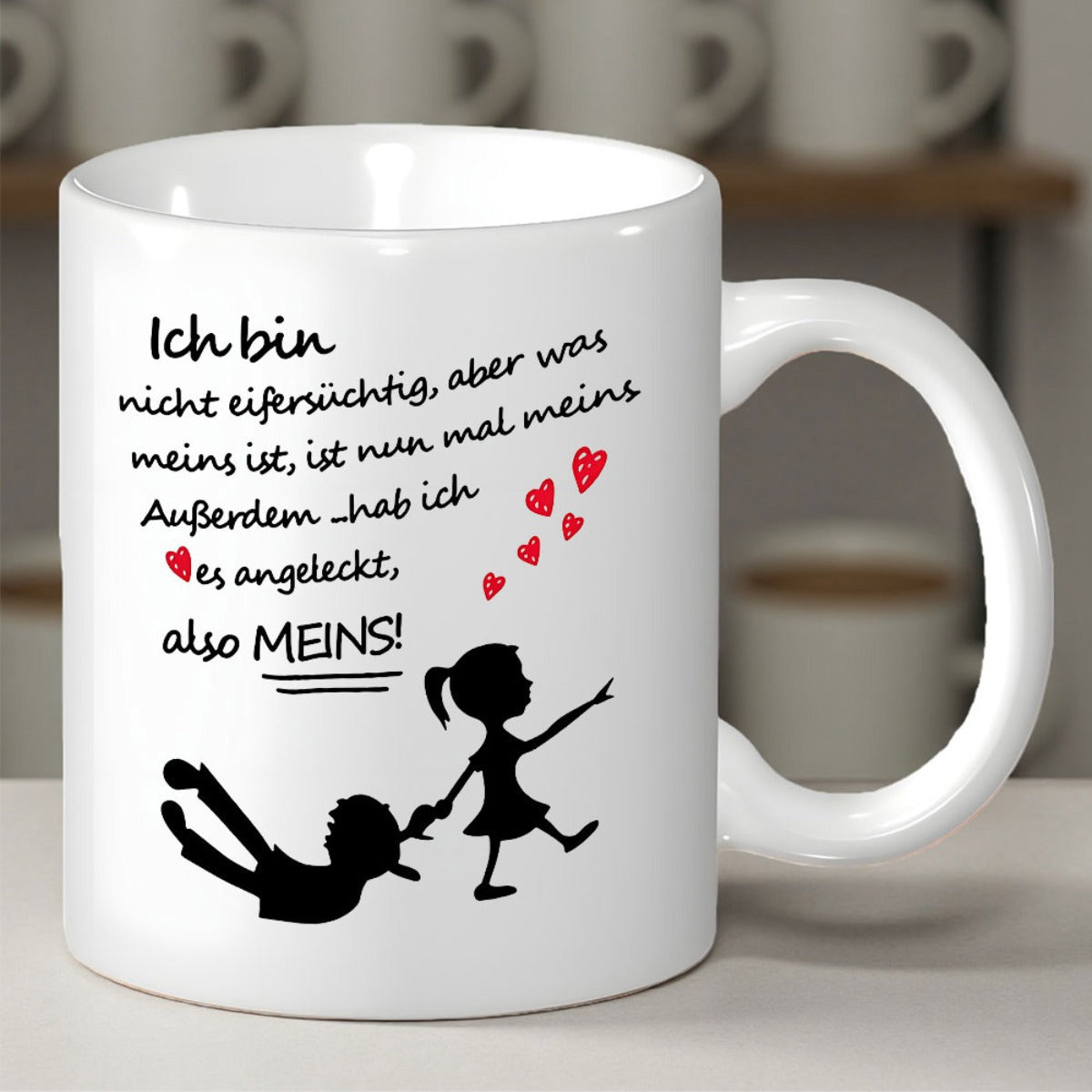 Tailorly White Ceramic 11 oz Mug - Playful Hand In Hand Figures Surrounded By Floating Red Heart Shapes Silhouettes