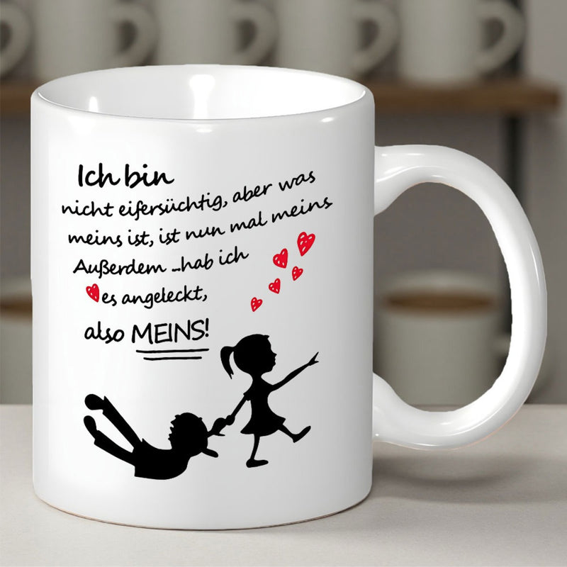 Tailorly White Ceramic 11 oz Mug - Playful Hand In Hand Figures Surrounded By Floating Red Heart Shapes Silhouettes
