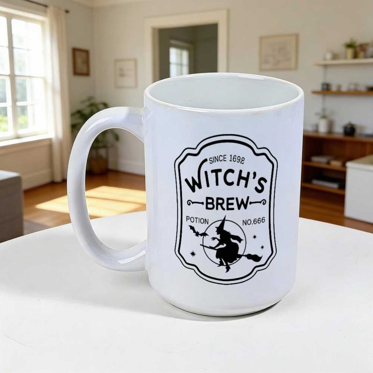 Tailorly White Ceramic 11 oz Mug - Witchs Brew Ornate Vintage Frame With A Flying Silhouette On Broomstick Witch