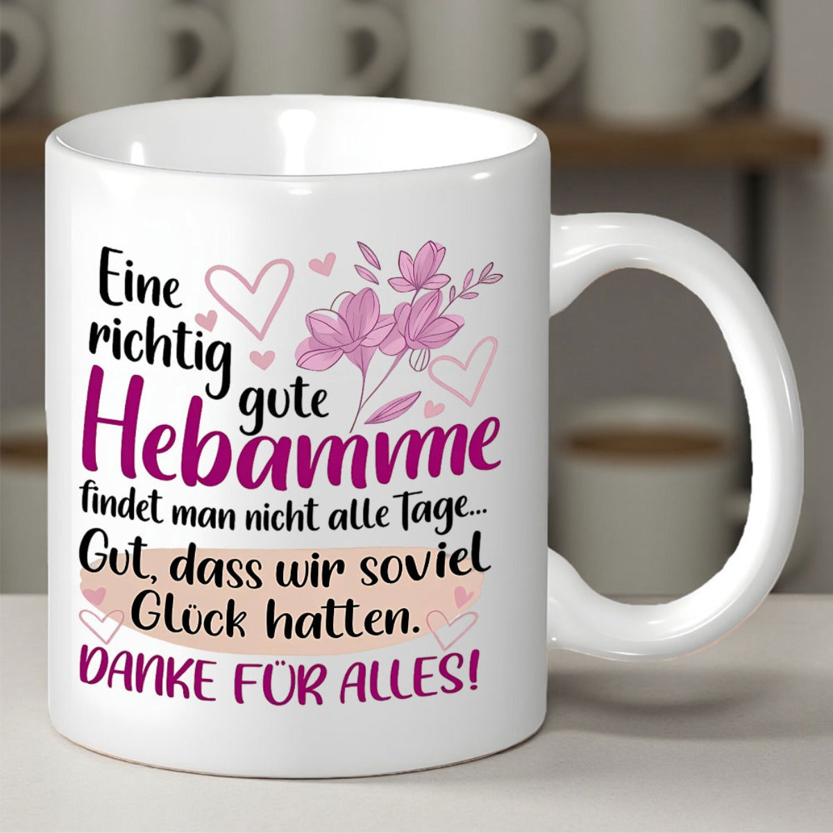 Tailorly White Ceramic 11 oz Mug - Delicate Pink Blooms With Outlined Hearts And Green Leaves Floating Decoration Flower