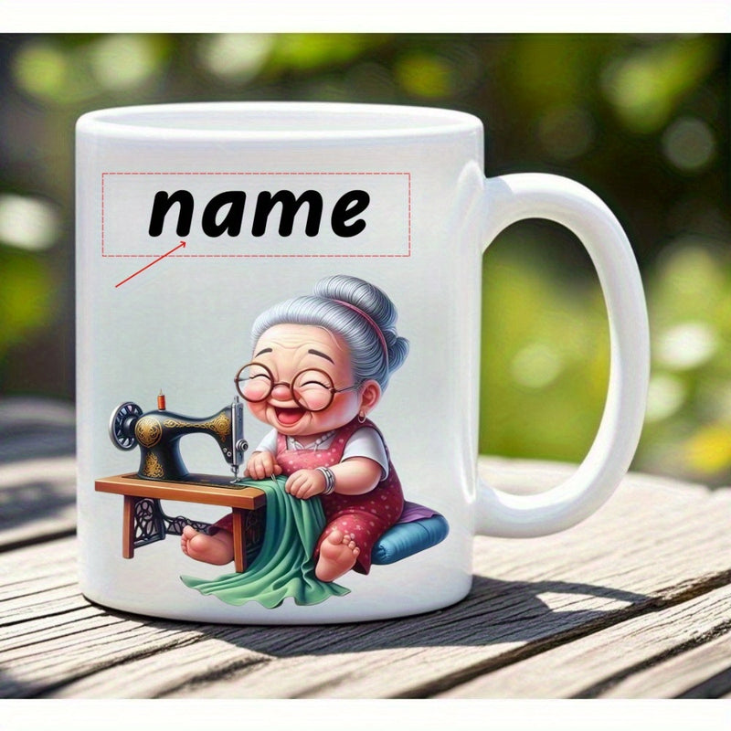 Tailorly White Ceramic 11 oz Mug - Name Happy Smiling Grandmother Sewing Green Fabric Using Vintage Machine Grandmother