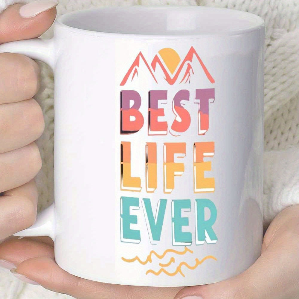 Tailorly White Ceramic 11 oz Mug - Best Life Ever Minimalist Sunset Landscape With Mountains And Waves In Retro Style Mountain