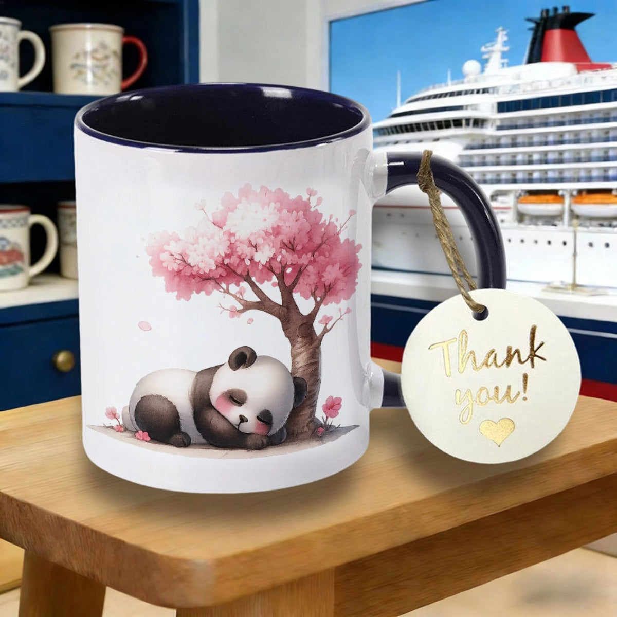 Tailorly Black Accent 11 oz Mug - Adorable Panda Sleeping Under Cherry