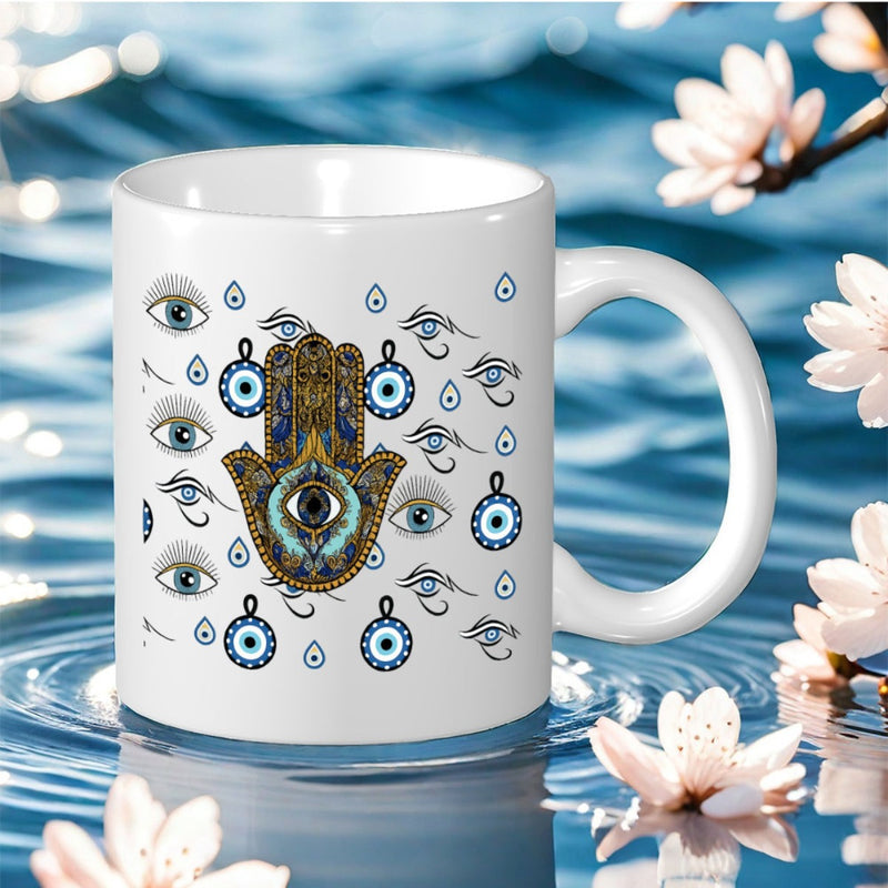 Tailorly White Ceramic 11 oz Mug - Mystical Protective Spiritual Ancient Ornate Blue Detailed Symbols Surrounding A Central Hamsa