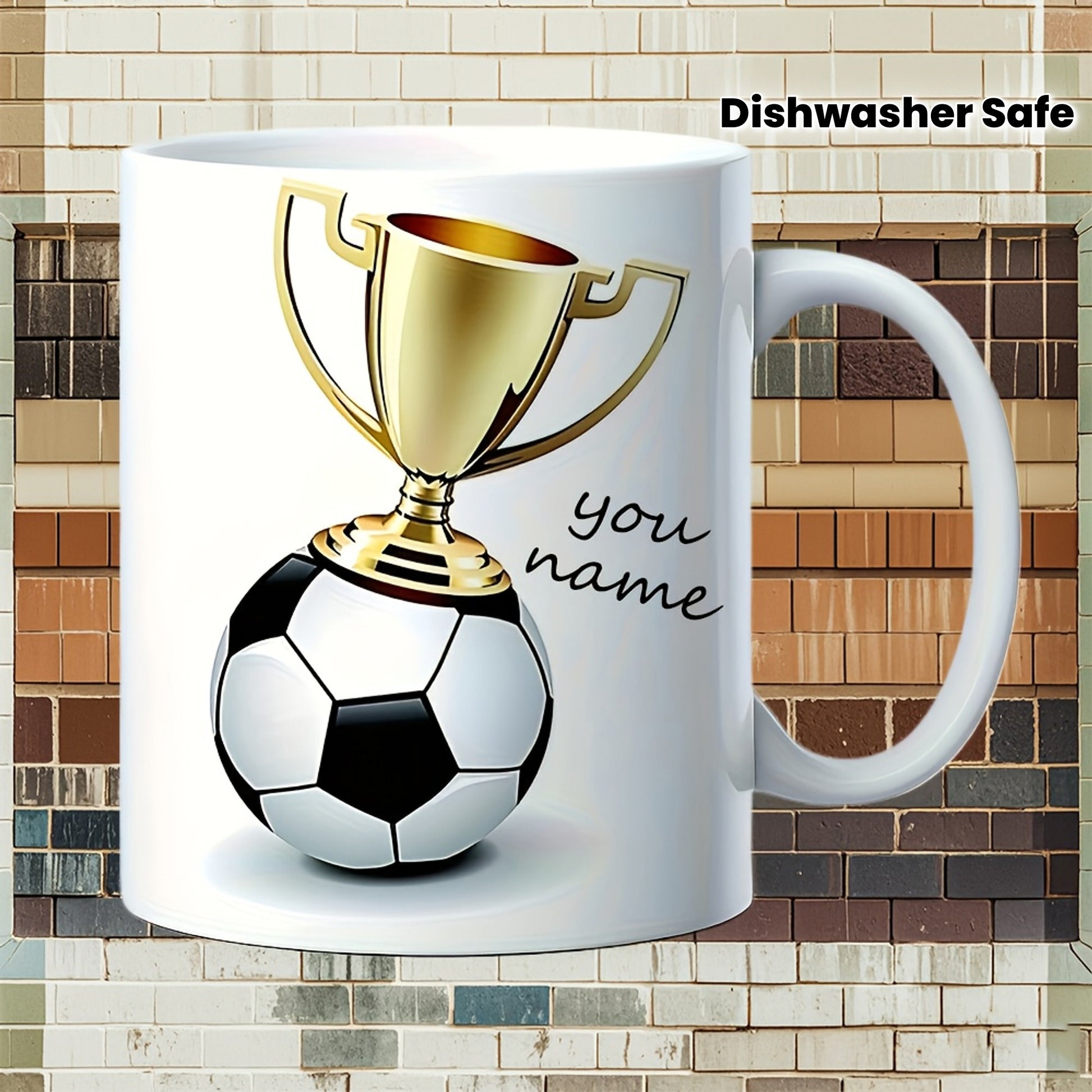 Tailorly White Ceramic 11 oz Mug - You Name Golden Shimmering Victory Cup Balanced Atop A Classic Black White Soccer Ball Trophy