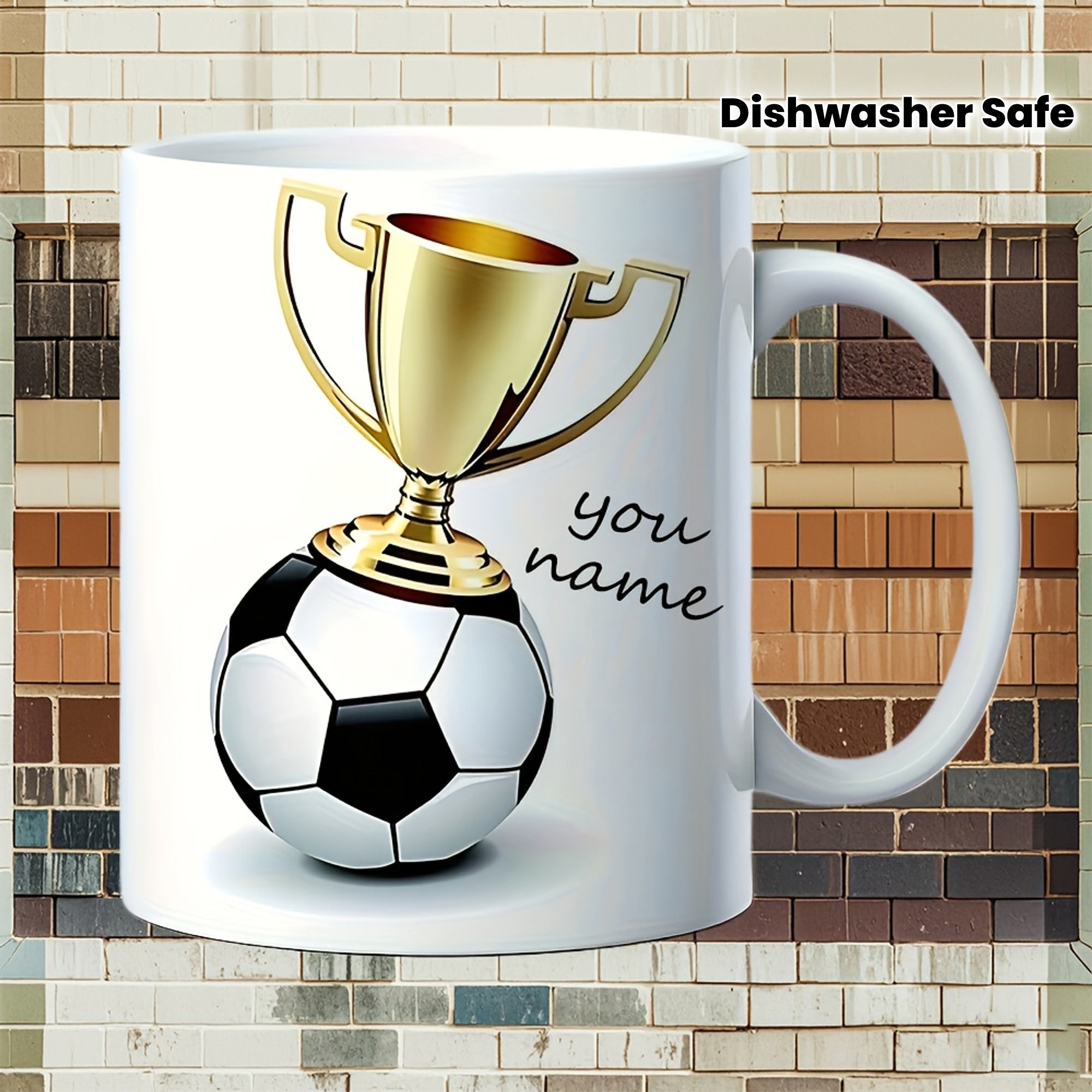 Tailorly White Ceramic 11 oz Mug - You Name Golden Shimmering Victory Cup Balanced Atop A Classic Black White Soccer Ball Trophy