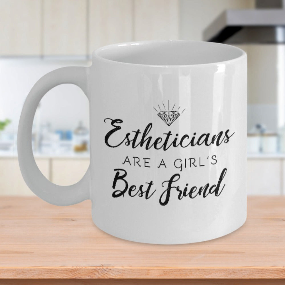 Tailorly White Ceramic 11 oz Mug - Estheticians Are A Girls Best Friend Sparkling Minimalist Diamond Icon Featuring Radiating Lines Design Mug
