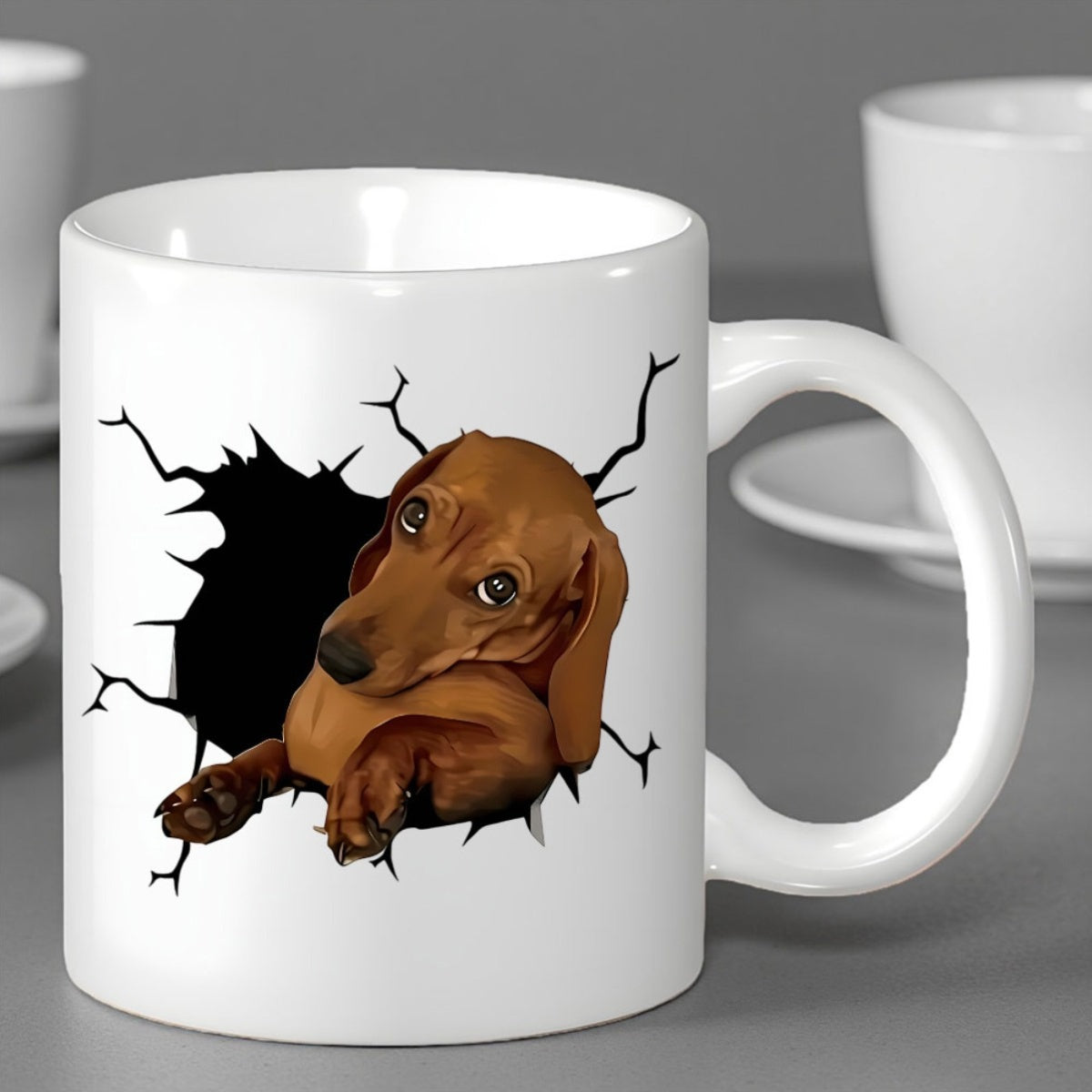 Tailorly White Ceramic 11 oz Mug - Adorable Brown Dachshund Peeking Through Realistic Black Cracked Wall Dog