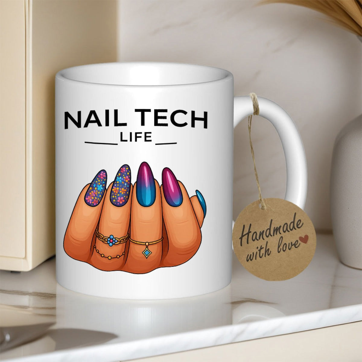 Tailorly White Ceramic 11 oz Mug - Nail Tech Life Long Colorful Decorated Nails With Golden Jewelry On Elegant Hand