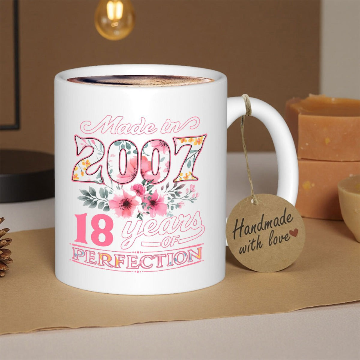 Tailorly White Ceramic 11 oz Mug - Made In 2007 18 Years Of Perfection Floral Patterns Inside Numbers With Blooming Pink Flowers And Artistic Script Mug