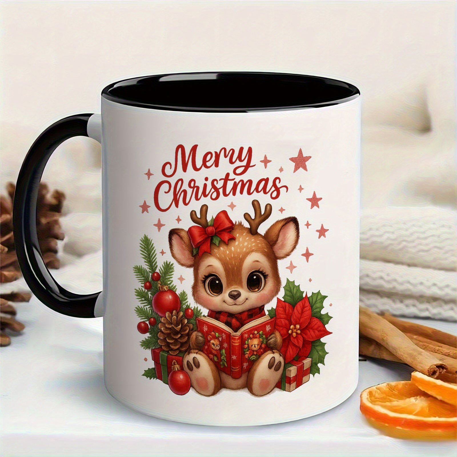 Tailorly Black Accent 11 oz Mug - reindeer and cute deer with poinsettia