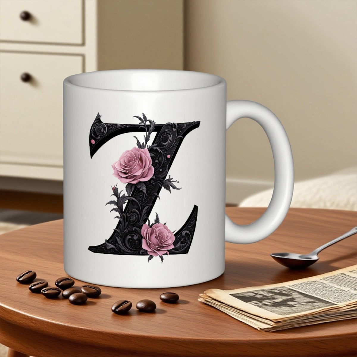 Tailorly White Ceramic 11 oz Mug - Z Ornate Black Monogram Adorned With Delicate Pink Roses And Thorns Letter
