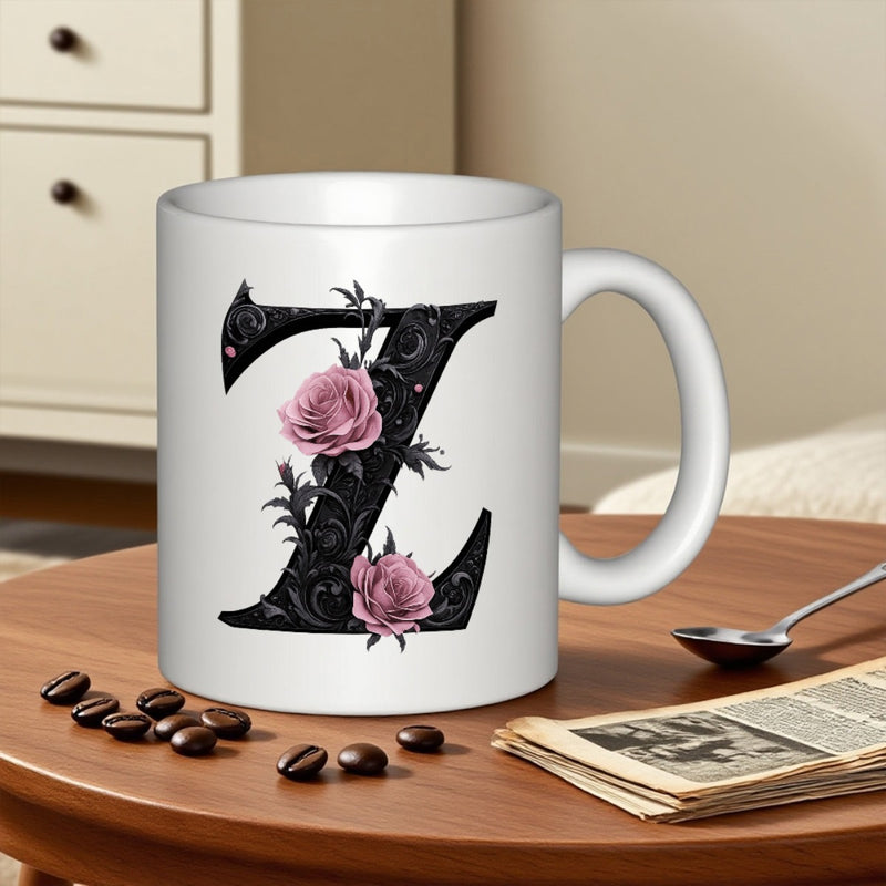 Tailorly White Ceramic 11 oz Mug - Z Ornate Black Monogram Adorned With Delicate Pink Roses And Thorns Letter