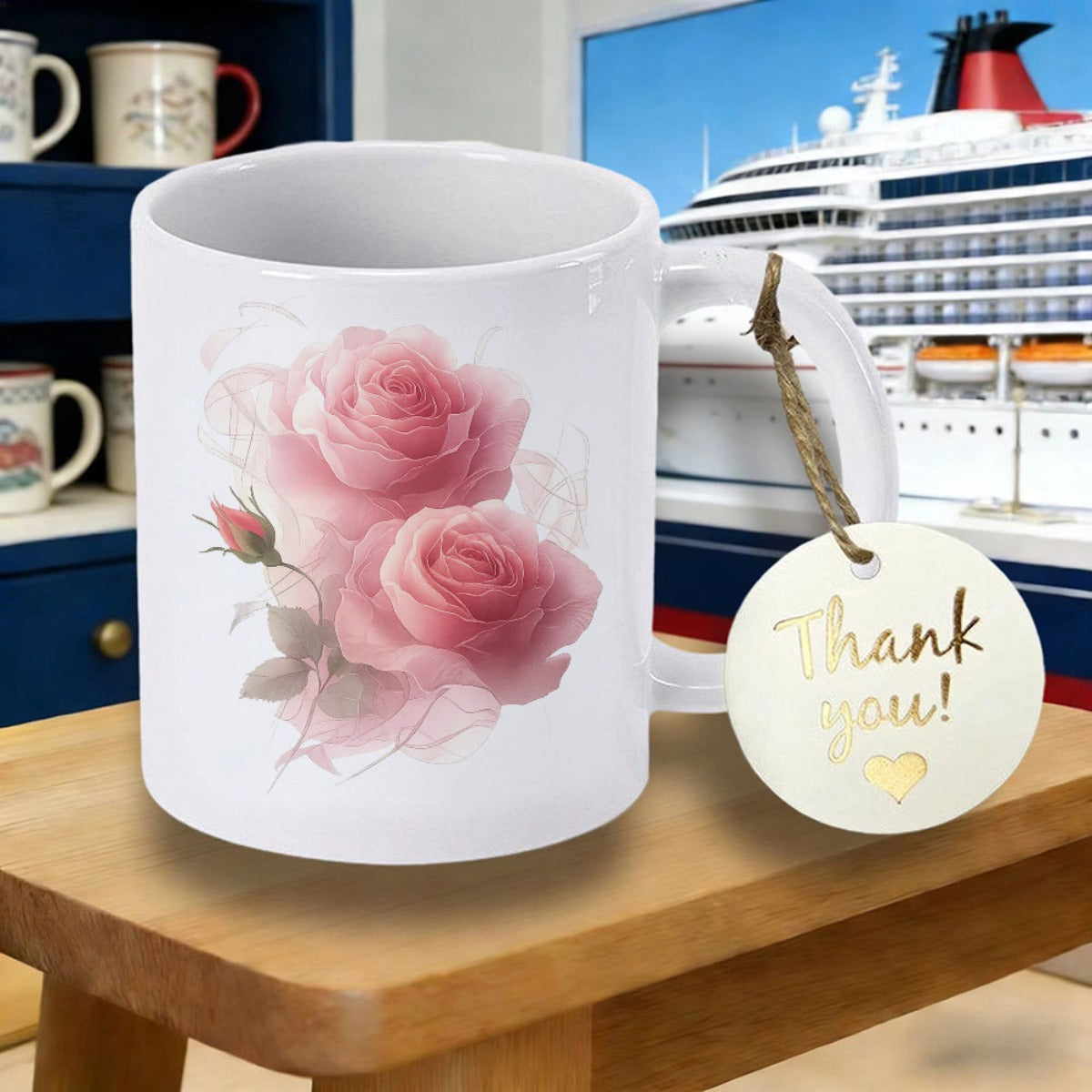 Tailorly White Ceramic 11 oz Mug - Thank You Soft Pink Watercolor Blossoms With Delicate Petals And Green Leaves Rose