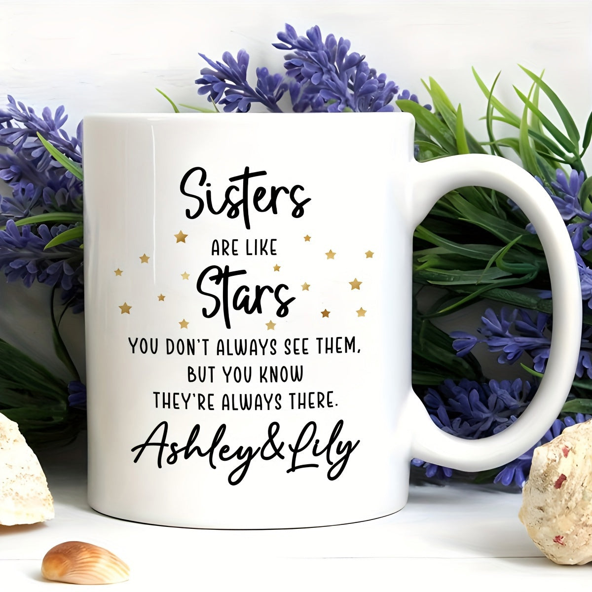 Tailorly White Ceramic 11 oz Mug - Sisters Are Like Stars Ashley Lily Elegant Script Lettering Surrounded By Tiny Golden Twinkling Decorative Elements Mug