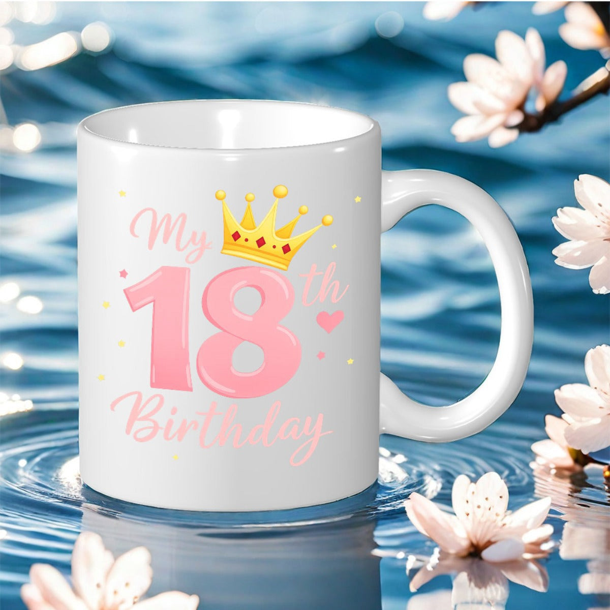 Tailorly White Ceramic 11 oz Mug - My 18th Birthday Elegant Golden Crown With Pink Number Eighteen And Small Hearts Crown