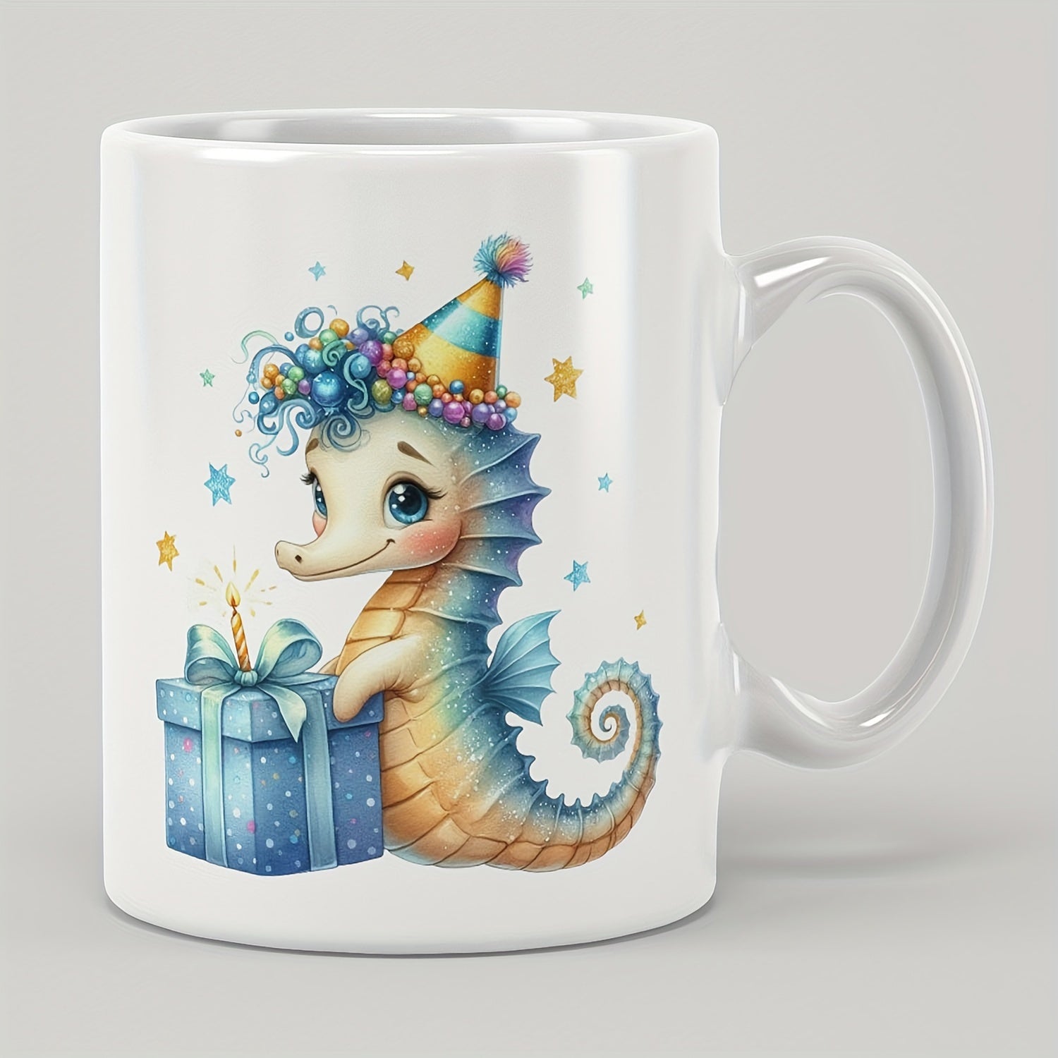 Tailorly White Ceramic 11 oz Mug - Adorable Cartoon Seahorse Wearing Party Hat Holding Gift Box Among Stars Seahorse