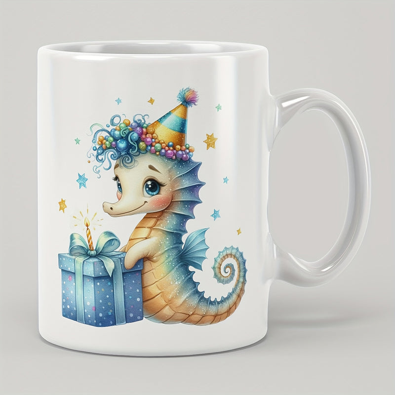 Tailorly White Ceramic 11 oz Mug - Adorable Cartoon Seahorse Wearing Party Hat Holding Gift Box Among Stars Seahorse