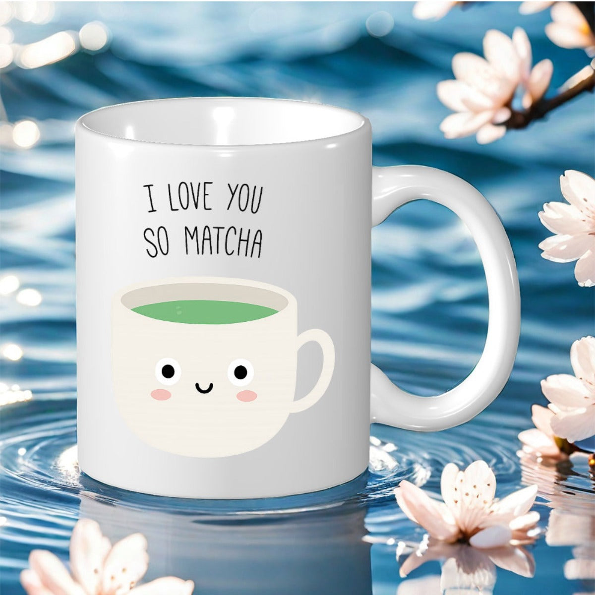 Tailorly White Ceramic 11 oz Mug - I Love You So Matcha Cute Smiling Green Matcha Cup With Minimalist Kawaii Face Mug